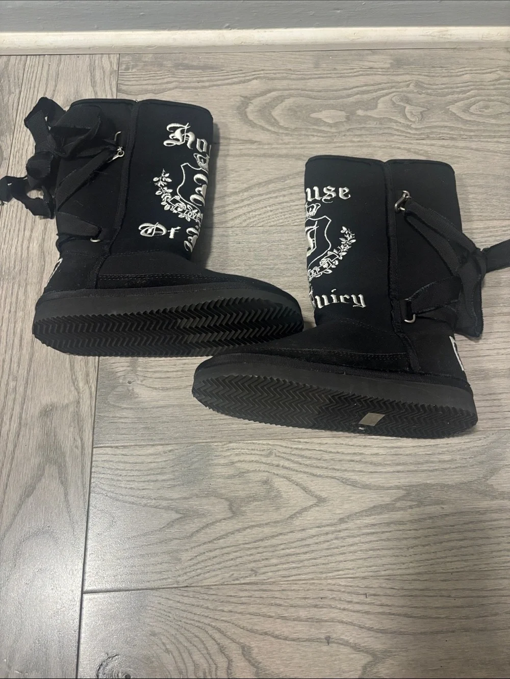 Kids Y2K Juicy Couture Black Jersey Knit Faux Suede Boots with White Embroidery